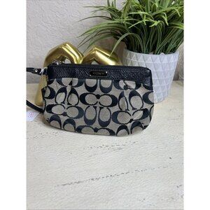 Coach Signature Classic Black Leather Canvas Wristlet Clutch